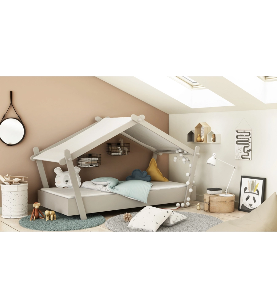 LETTO SINGOLO PER BAMBINI "CASETTA" IN LEGNO GRIGIO 102X223X129 CM